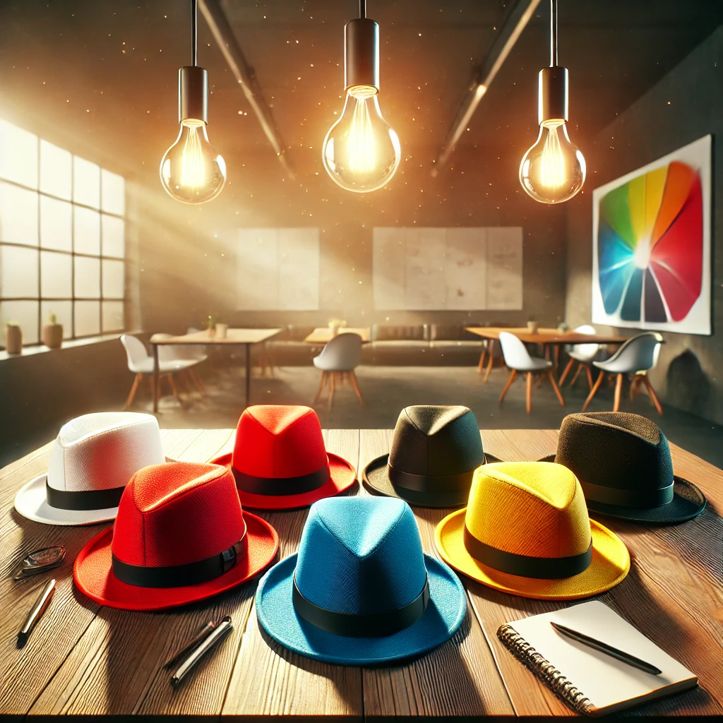 Six thinking hats illustration - a person wearing multiple hats, each representing a different thinking mode