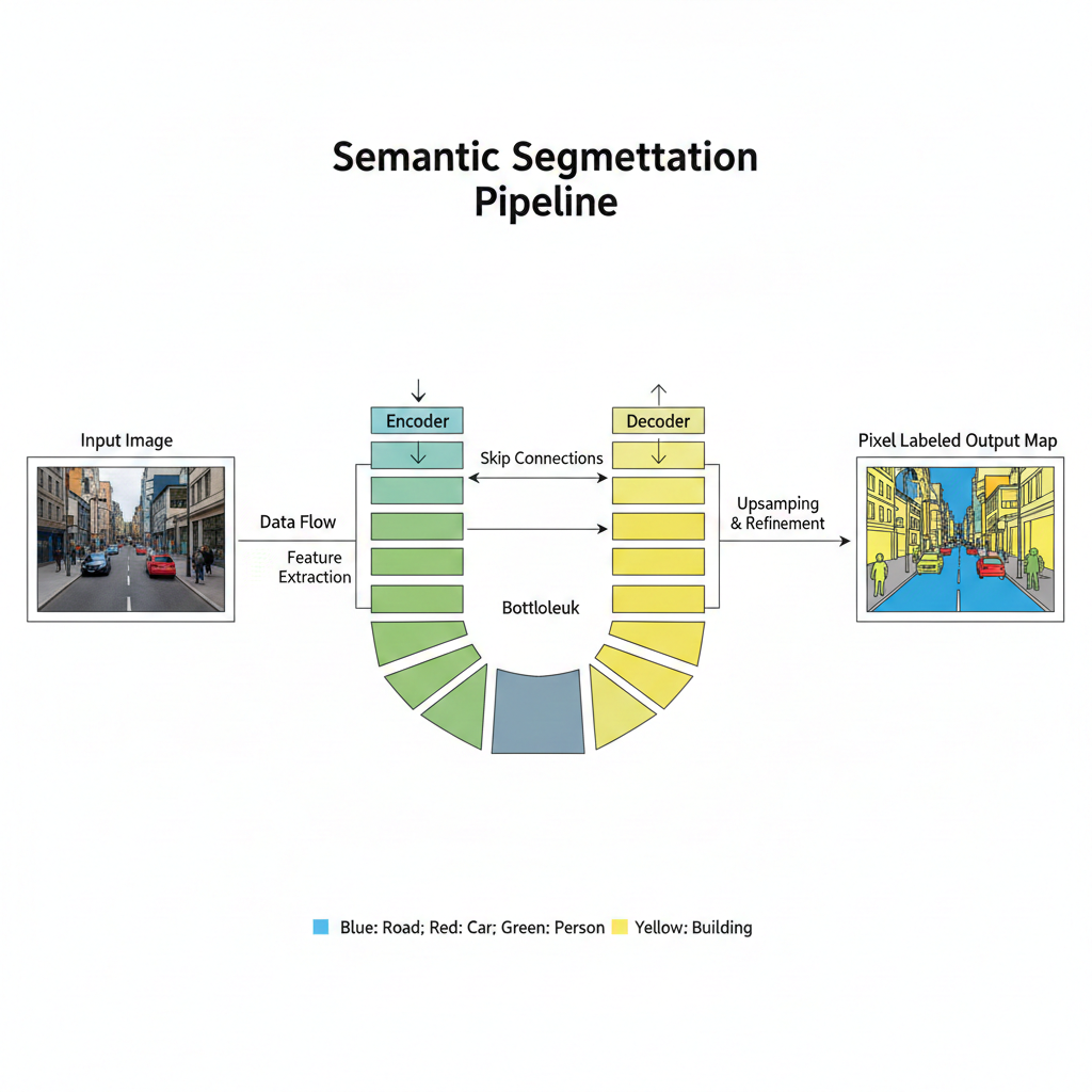 Diagram of a semantic segmentation pipeline: A street scene input image flows into an encoder-decoder neural network (U-Net style) and outputs a color-coded pixel map.