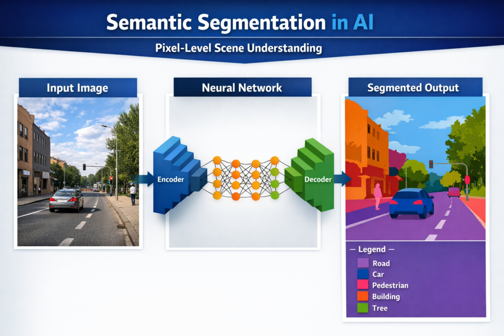 Semantic Segmentation pipeline showing input image, encoder decoder neural network, and pixel labeled output map