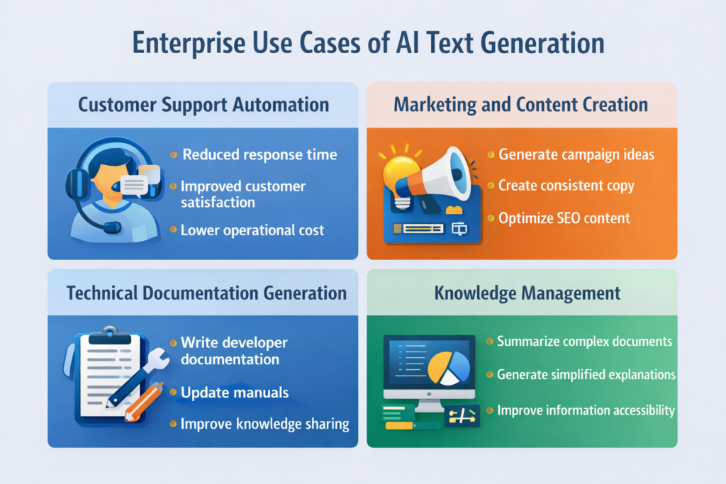 Enterprise use cases of AI text generation including marketing, customer support, documentation, and knowledge management