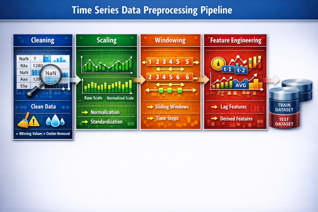 Time series preprocessing pipeline showing cleaning, scaling, windowing, and feature engineering