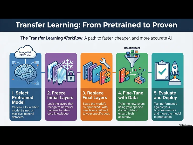 Transfer Learning workflow including pretrained model selection, feature extraction, fine tuning, and deployment