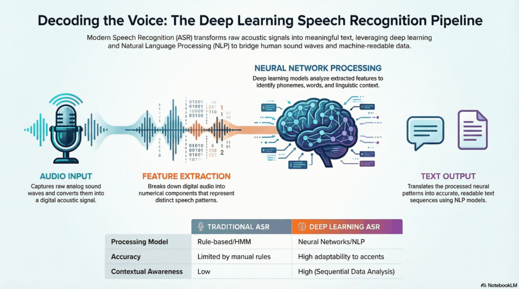 Speech recognition pipeline showing audio input, feature extraction, neural network processing, and text output using deep learning NLP models