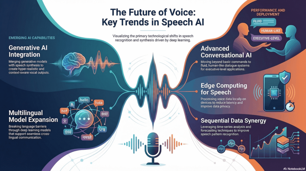 Trends in speech AI including conversational AI, multilingual models, edge computing, and generative AI integration