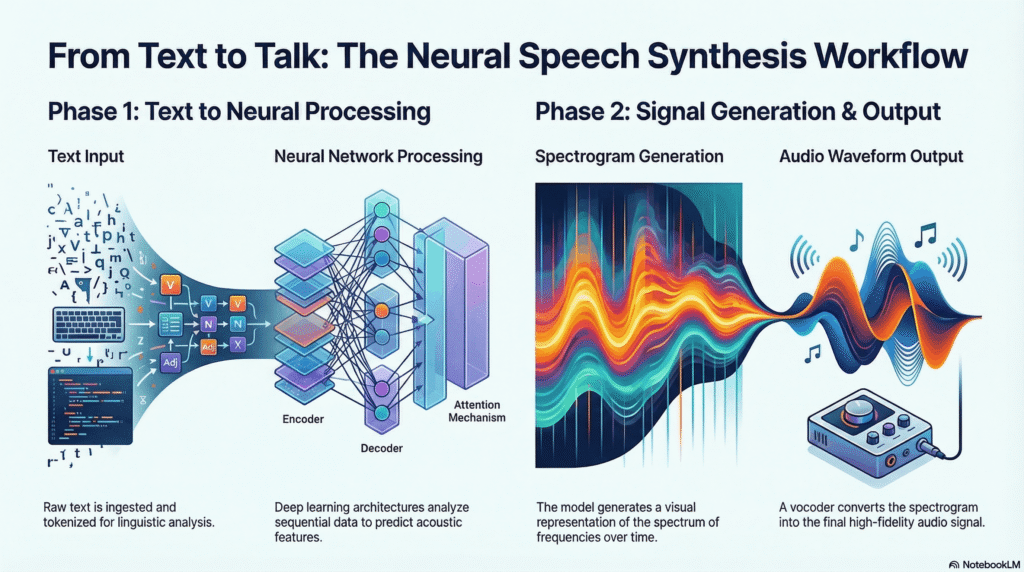 Speech synthesis workflow showing text input, neural network processing, spectrogram generation, and audio waveform output