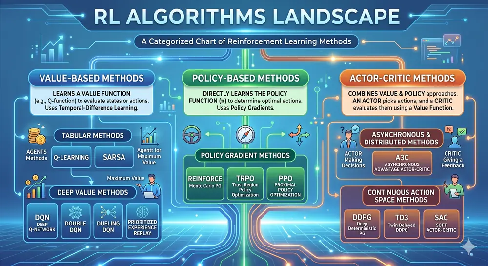 Comparison of reinforcement learning algorithms including value-based methods, policy-based methods, and actor-critic approaches