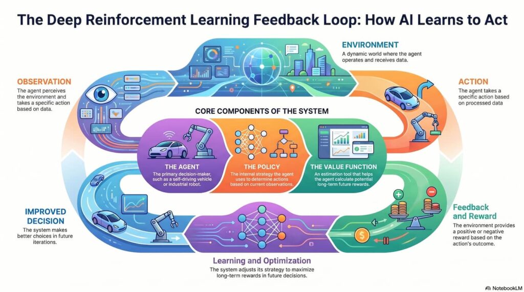 Deep Reinforcement Learning feedback loop showing agent, environment, actions, rewards, and learning process