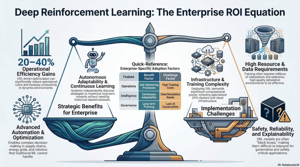 Deep Reinforcement Learning benefits and challenges comparison chart for enterprise adoption