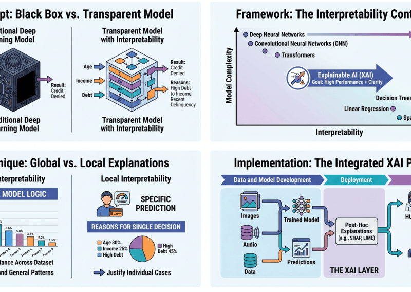 Explainable AI framework diagram comparing Black Box vs Transparent Models, the Interpretability Continuum, Global vs Local Explanations using SHAP and LIME, and an integrated MLOps deployment pipeline for deep learning
