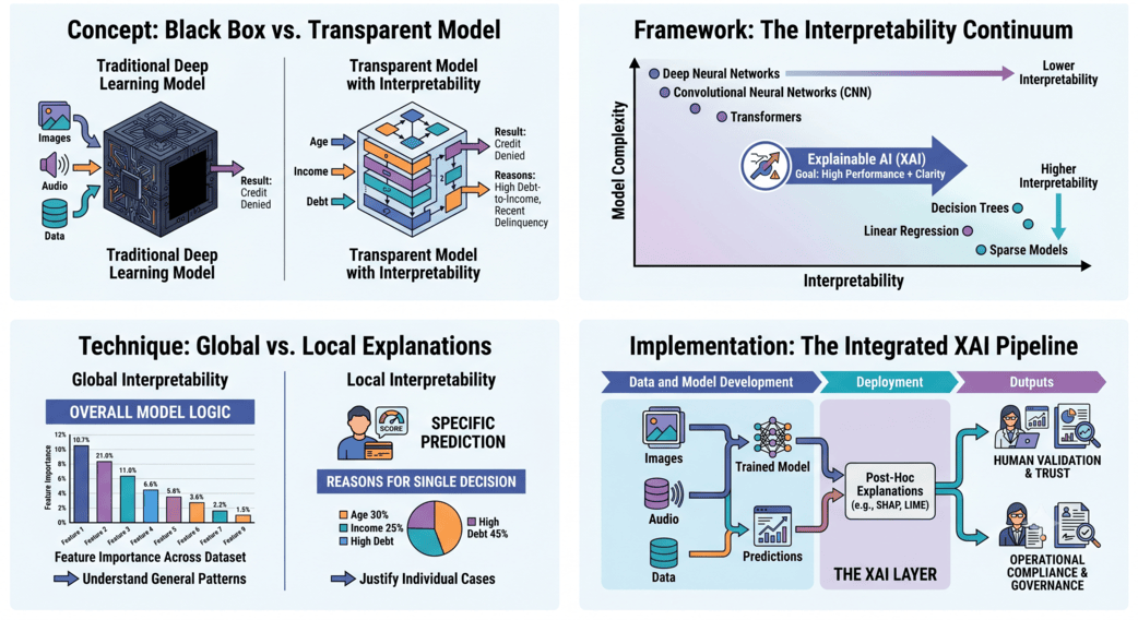 Explainable AI framework diagram comparing Black Box vs Transparent Models, the Interpretability Continuum, Global vs Local Explanations using SHAP and LIME, and an integrated MLOps deployment pipeline for deep learning