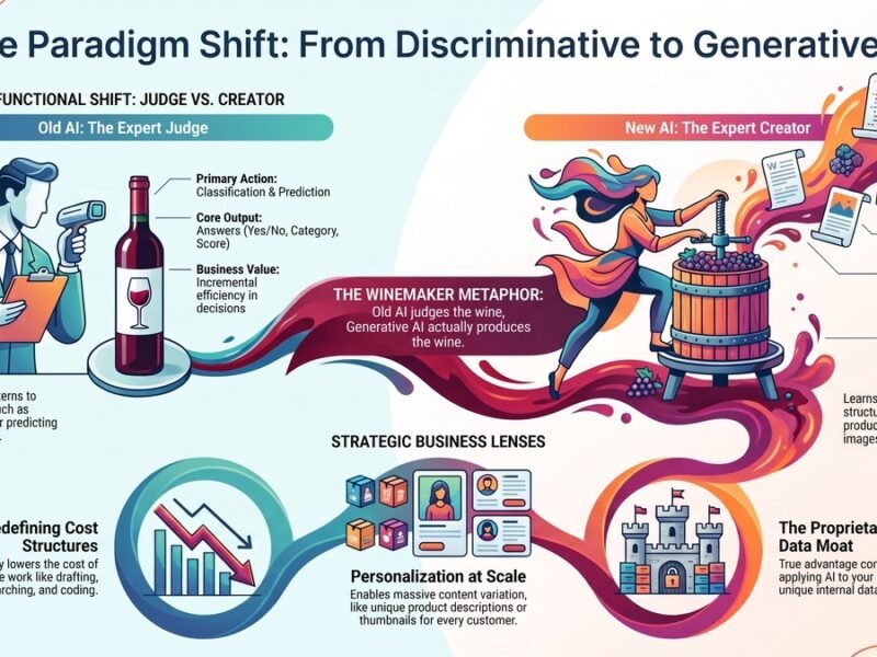 Infographic showing the paradigm shift from discriminative AI (the expert judge) to generative AI (the expert creator), with the winemaker analogy and three strategic business lenses: cost structure, personalization at scale, and proprietary data moat