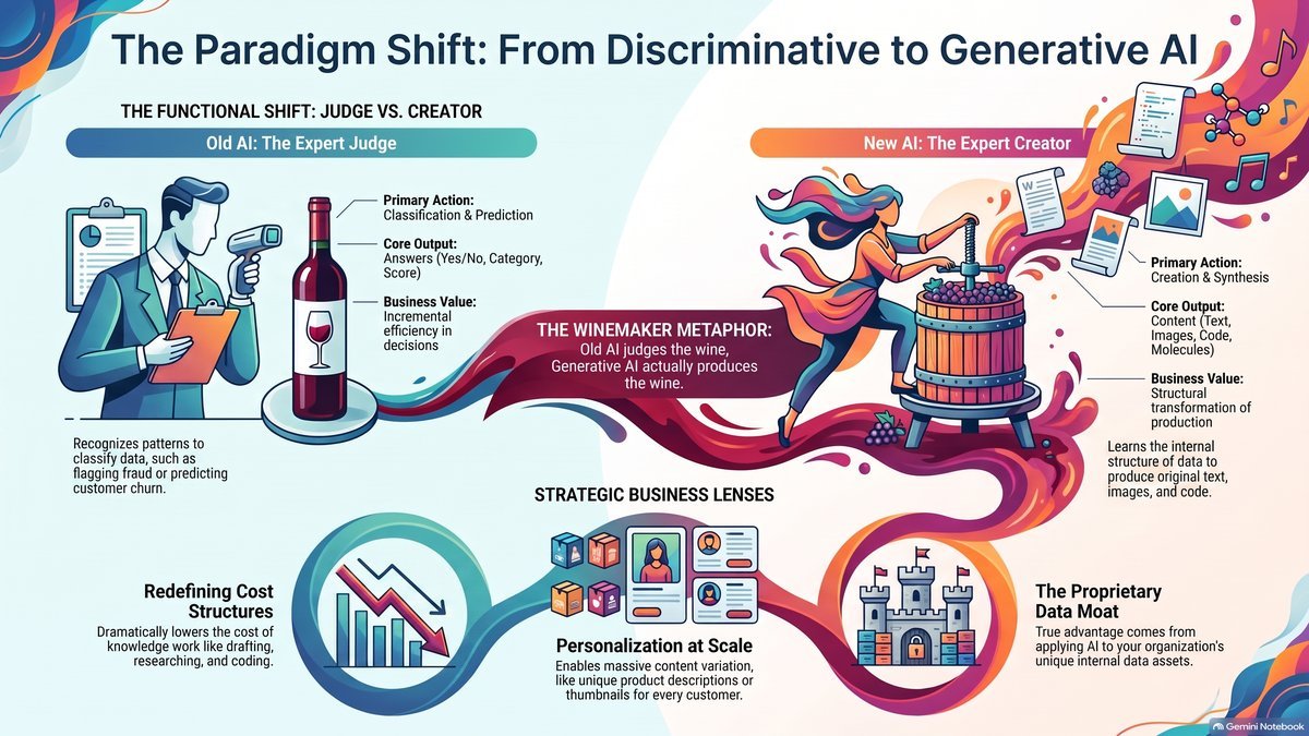 Infographic showing the paradigm shift from discriminative AI (the expert judge) to generative AI (the expert creator), with the winemaker analogy and three strategic business lenses: cost structure, personalization at scale, and proprietary data moat
