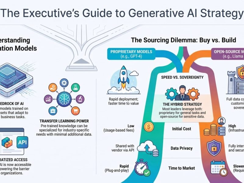 Executive guide to generative AI strategy showing foundation models, proprietary versus open-source models, and the hybrid enterprise AI ecosystem