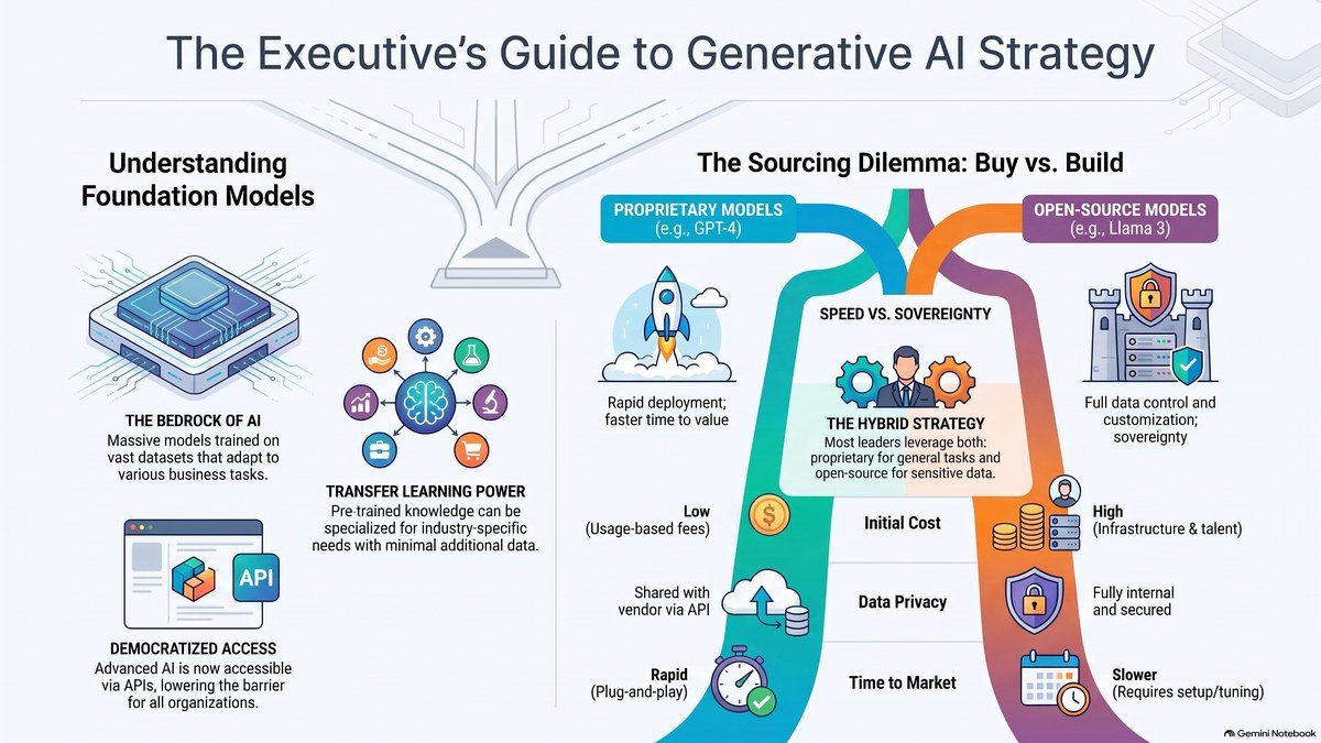Executive guide to generative AI strategy showing foundation models, proprietary versus open-source models, and the hybrid enterprise AI ecosystem