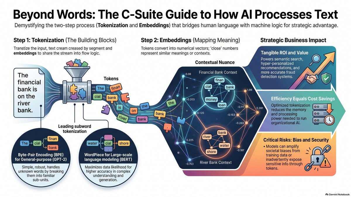 Executive guide to AI text processing showing tokenization with BPE and WordPiece, and how embeddings convert language into numerical vectors