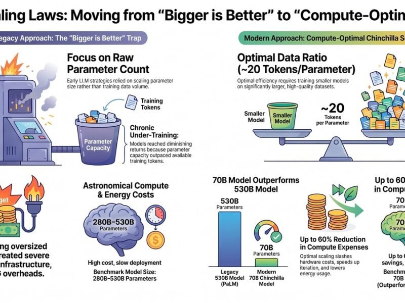 Evolution of AI scaling laws showing model size, training data, and compute budgets
