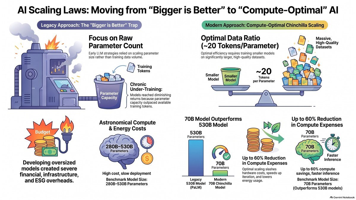 Evolution of AI scaling laws showing model size, training data, and compute budgets